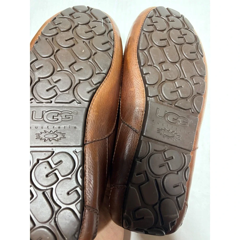 UGG Ascot Leather Slippers Mens 8 Chestnut Brown Sheepskin Lined Loafers 5379